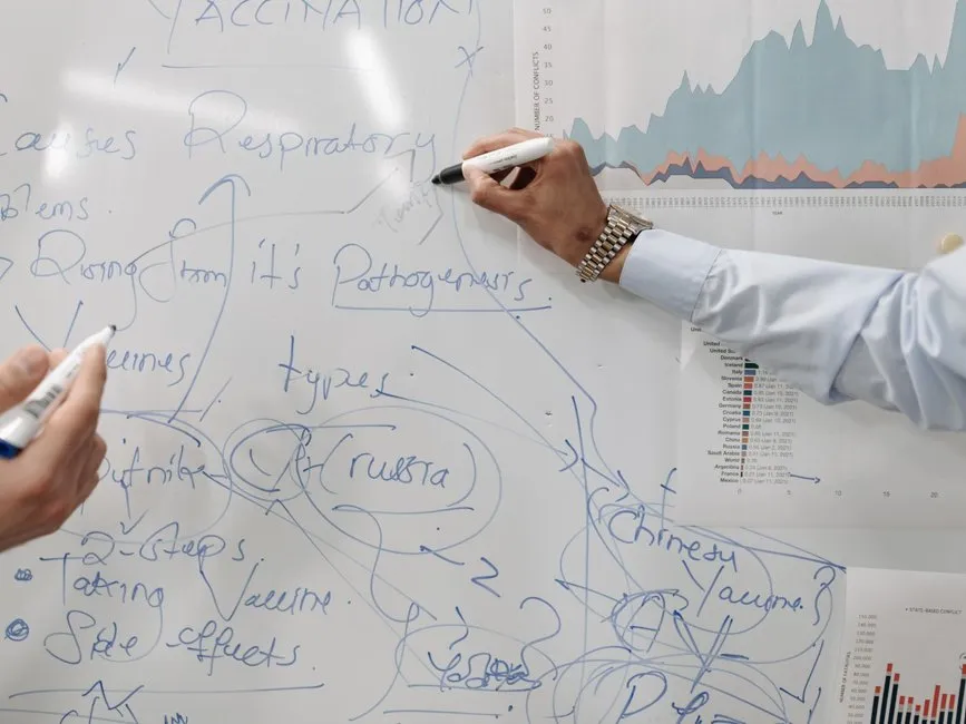 Diagramme de cause avec branches colorées sur tableau blanc, équipe analysant un écart financier